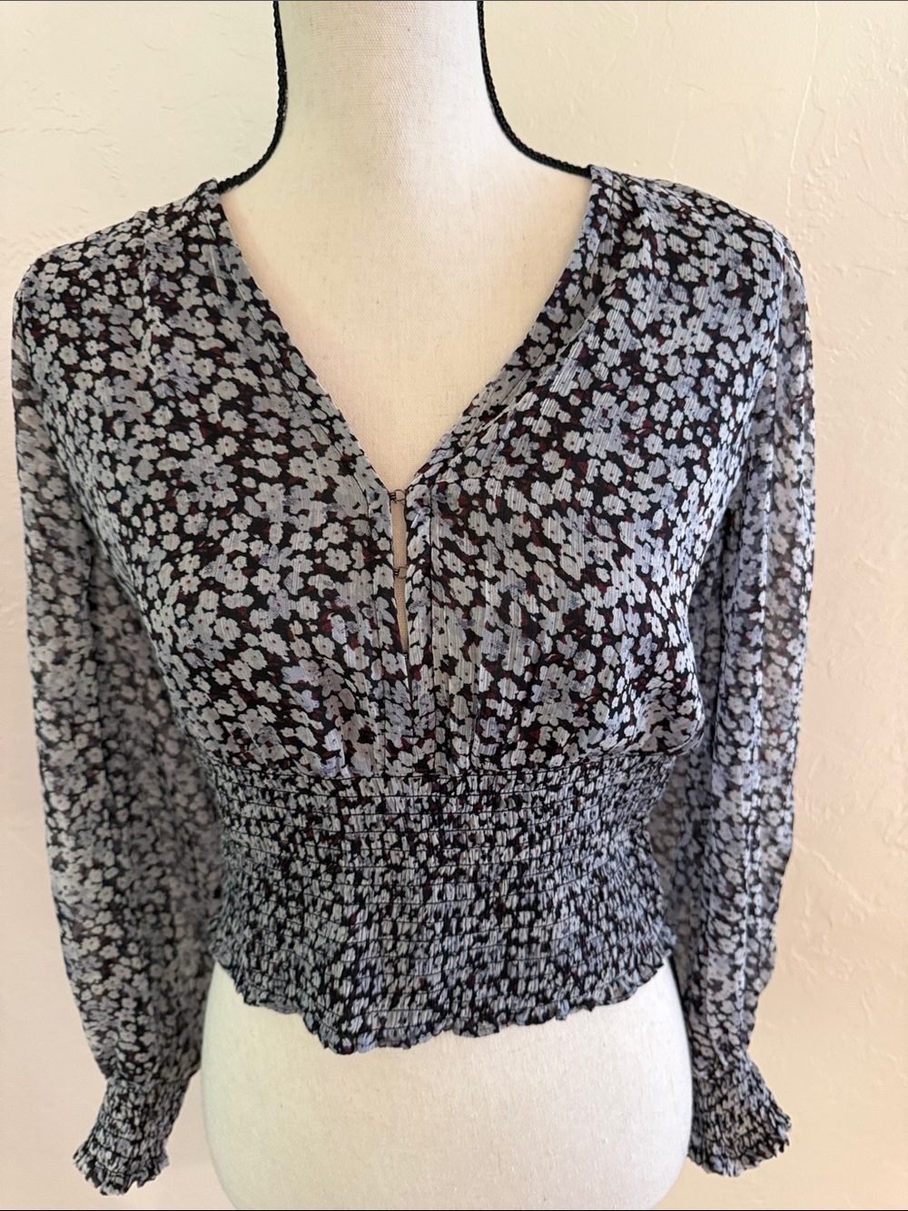 Abercrombie & Fitch Women's Black Floral Smocked Waist Blouse, Size S